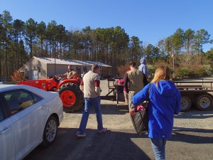 Boarding the tractor wagon