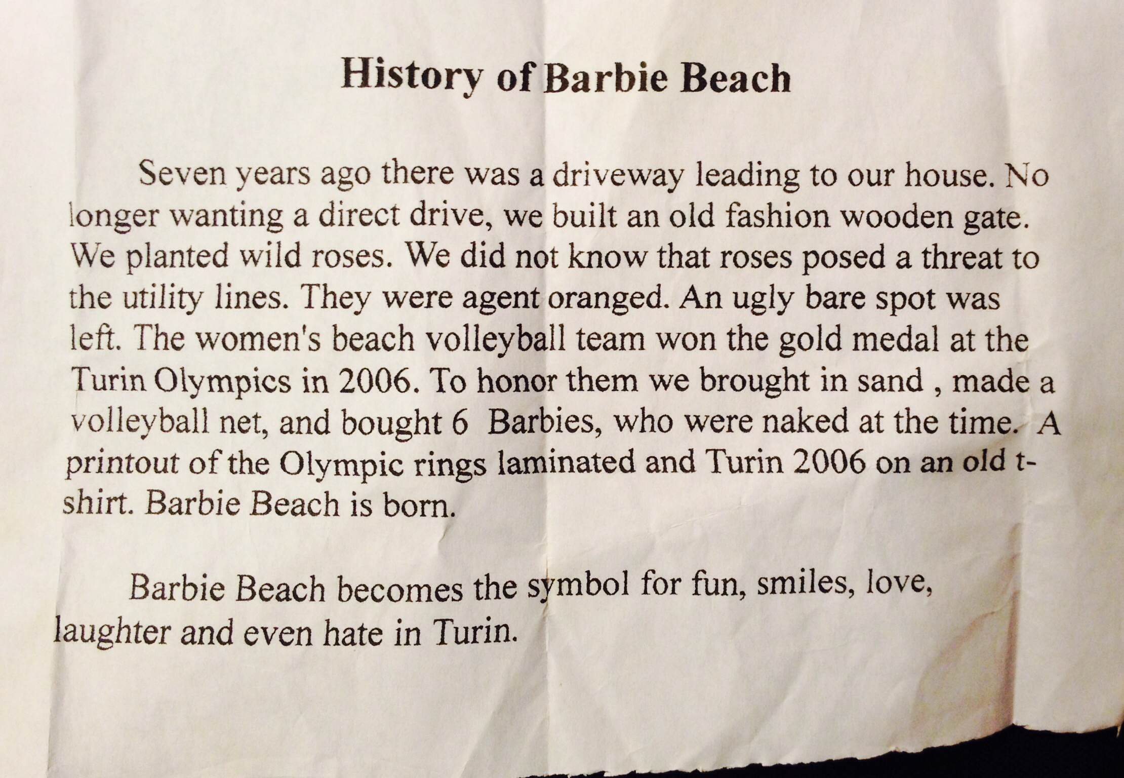 History of Barbie Beach - Handout from the owners